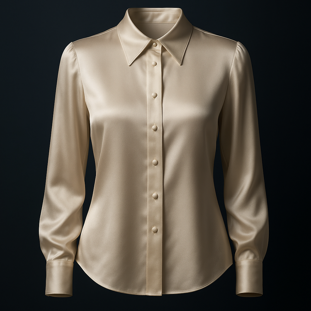Elfenbeinfarbene Seidensatin-Bluse mit sichtbarer Knopfleiste, spitzem Kragen und langen Ärmeln mit Manschetten