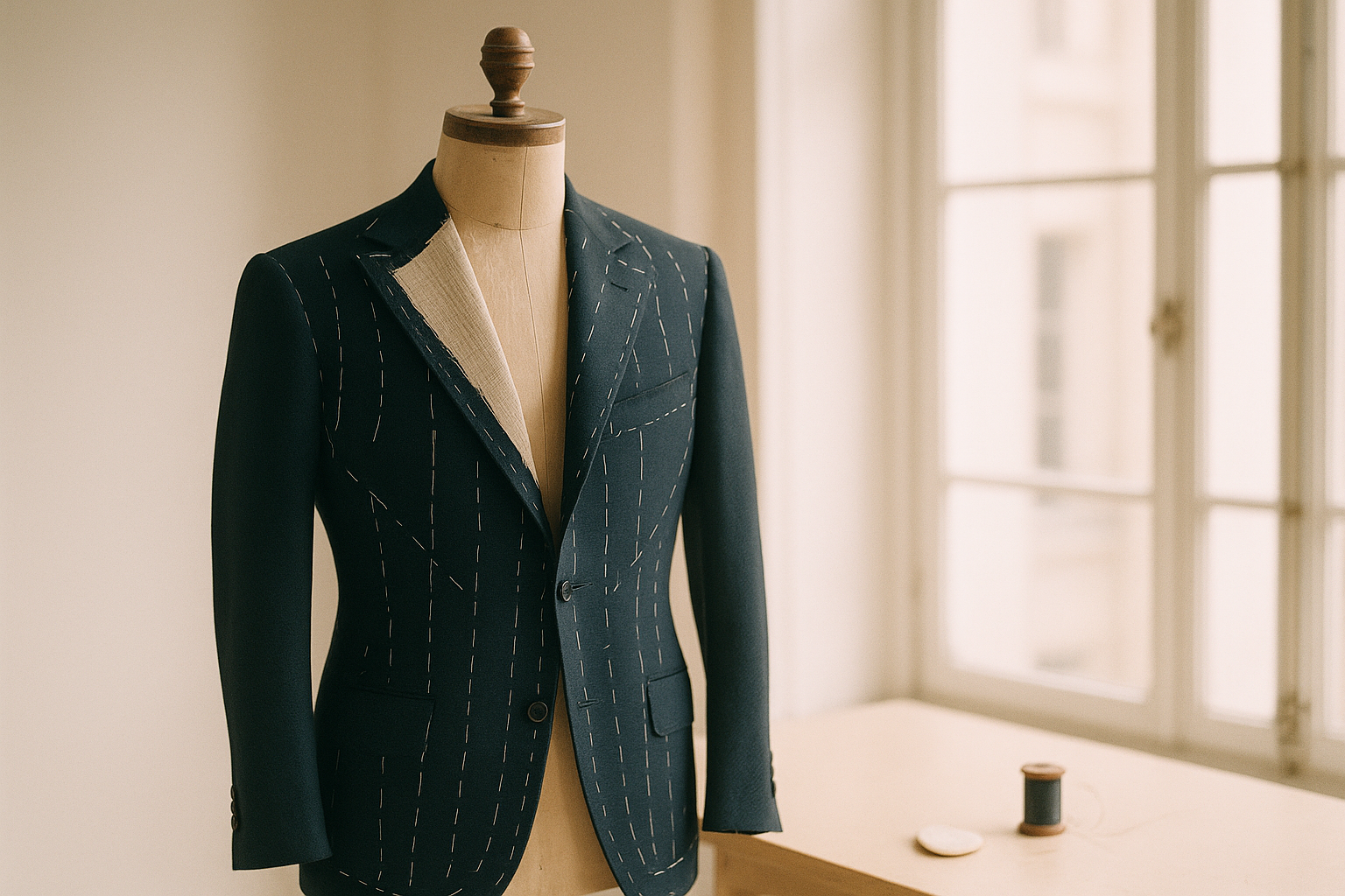 Halbfertiges mitternachtsblaues Sakko mit weißen Heftfäden auf hölzerner Schneiderbüste im hellen Atelier