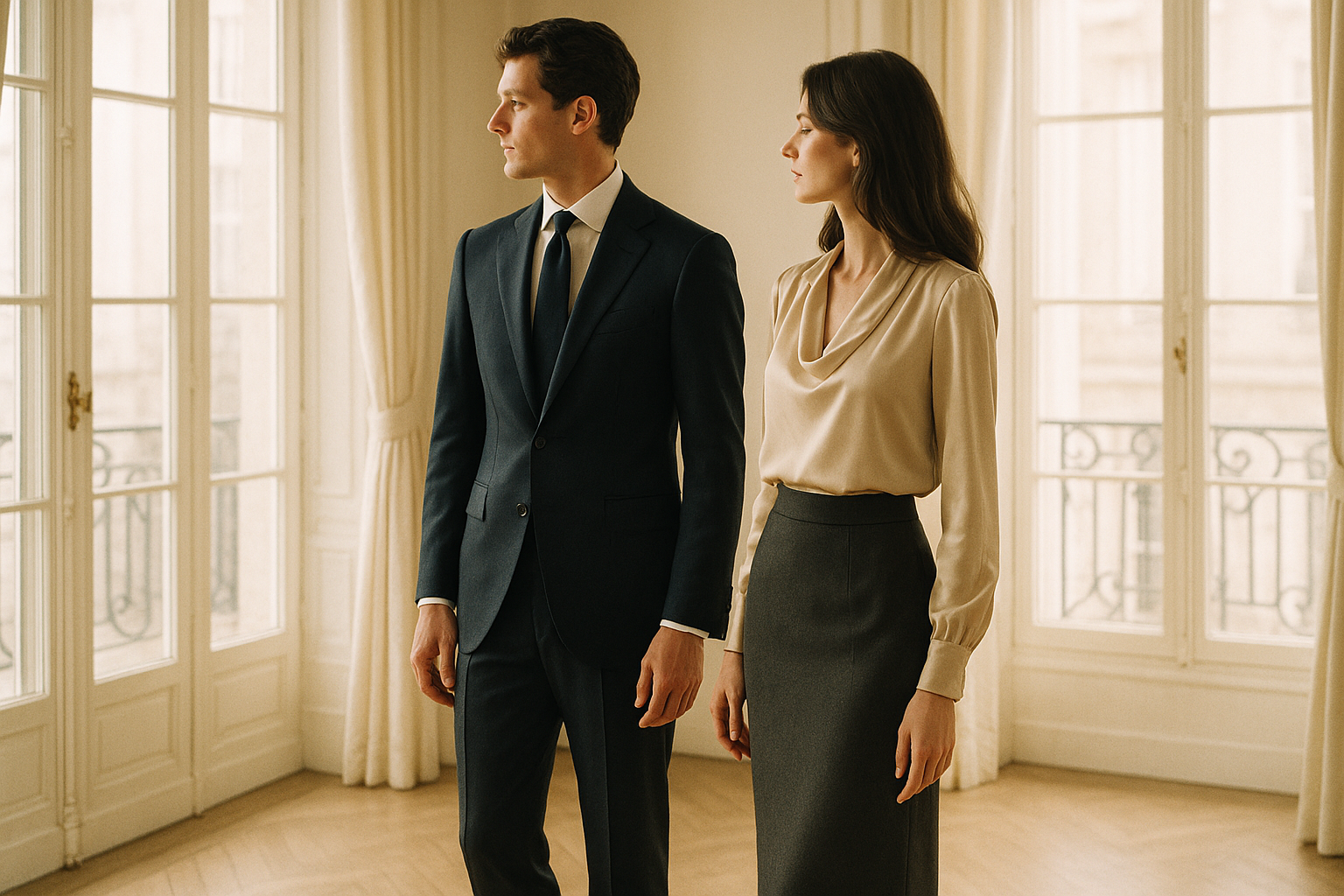 Elegantes Paar in Maßgarderobe — Anzug und Seidenbluse — vor hohen Fenstern eines hellen Salons