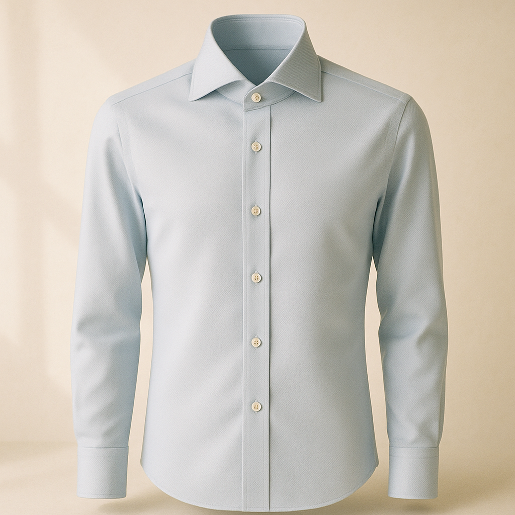 Hellblaues Maßhemd aus feinem Twill mit Cutaway-Kragen auf Ghost-Büste vor warmem Off-White