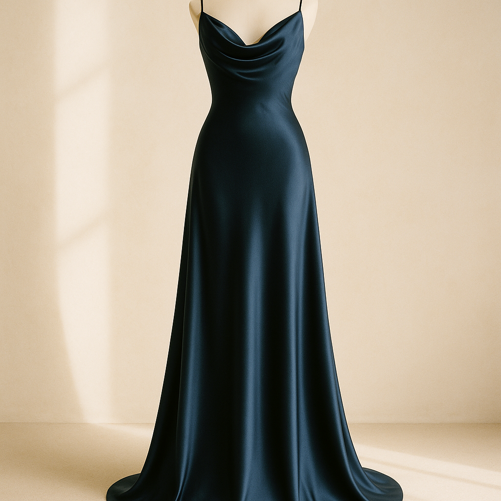 Bodenlange mitternachtsblaue Abendrobe aus Seidensatin mit drapiertem Oberteil vor warmem Off-White