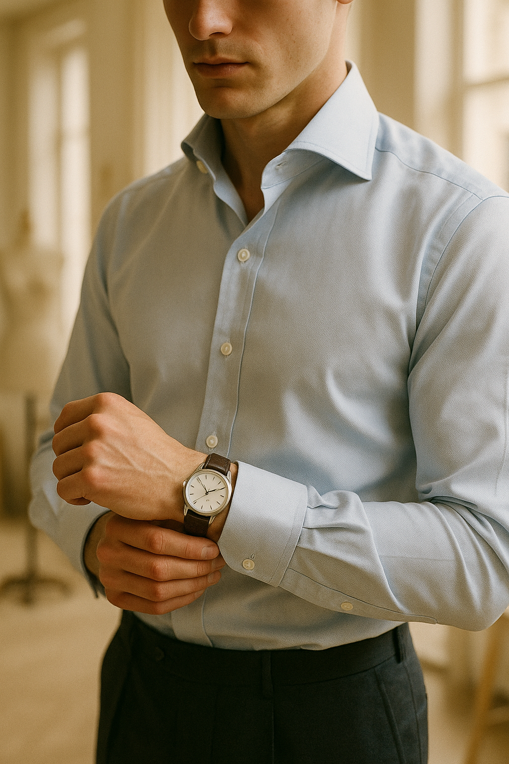 Mann trägt hellblaues Twill-Maßhemd mit Cutaway-Kragen im hellen Atelier
