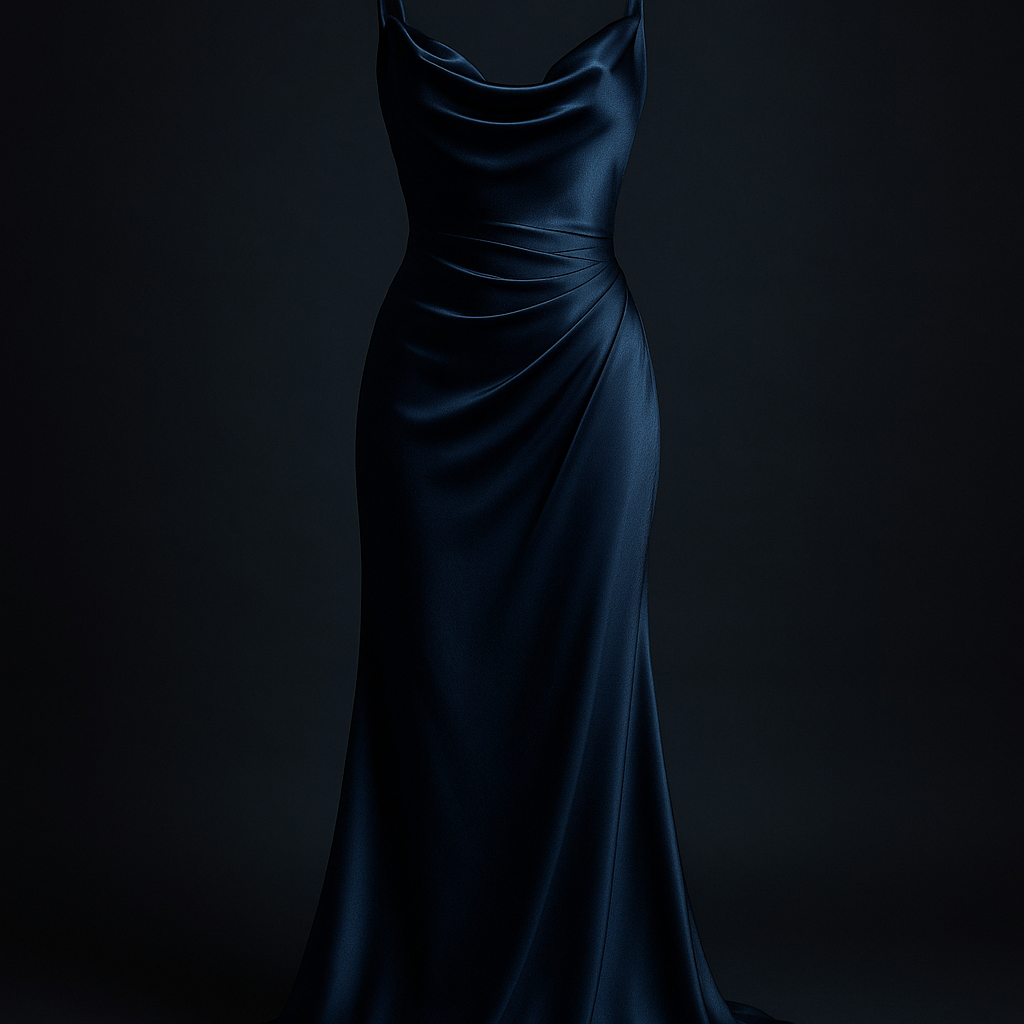 Bodenlange mitternachtsblaue Abendrobe aus drapiertem Seidensatin